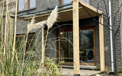 Terrasse couverte en Chêne avec sa verrière et son arbre en acier